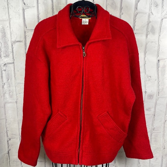 Moments Vintage Wool Jacket Bomber Style Bright Red Full Front Zip with Pockets - Picture 1 of 10